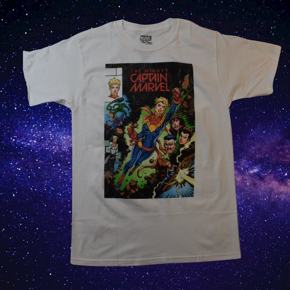 Marvel Mens The Mighty Captain Marvel #1 Comic Cover Print White Shirt New